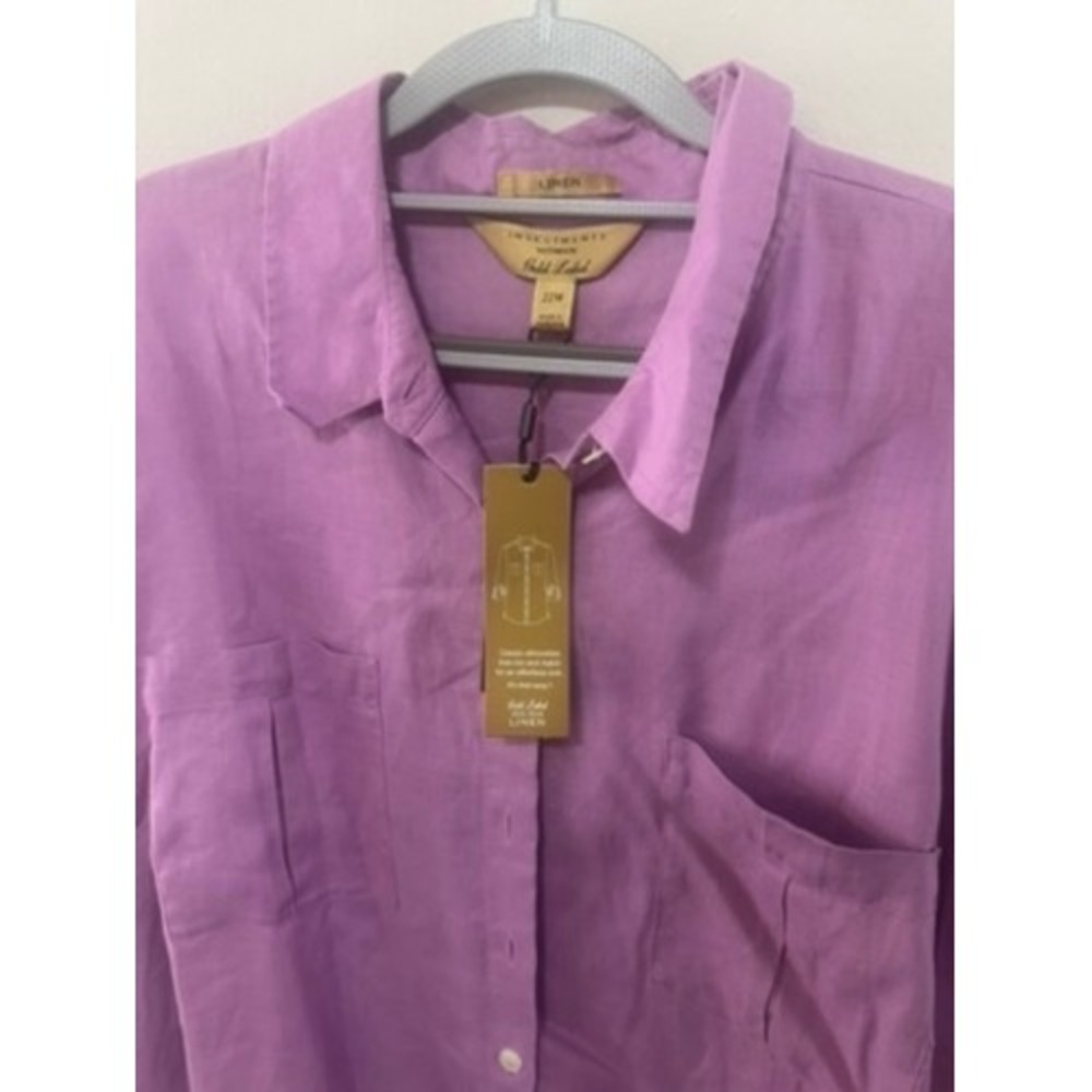 Investments Gold Label Linen Button Down Shirt Orchid Purple 22W Plus Size NWT - Picture 3 of 3